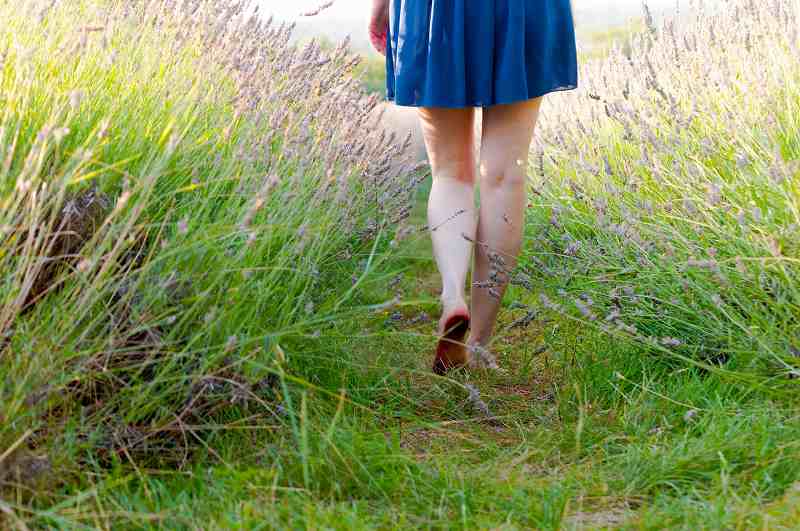 草むらを歩く裸足の女性の足元